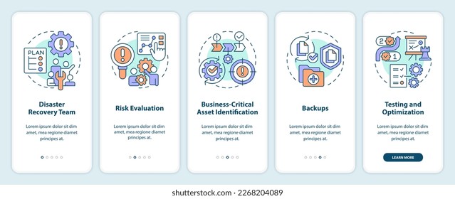 Effective disaster recovery plan onboarding mobile app screen. Walkthrough 5 steps editable graphic instructions with linear concepts. UI, UX, GUI template. Myriad Pro-Bold, Regular fonts used