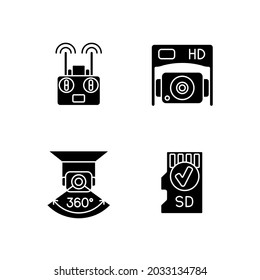 Effective drone use black glyph manual label icons set on white space. Remote control. HD camera. Memory card. Silhouette symbols. Vector isolated illustration for product use instructions