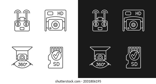 Effective drone use linear manual label icons set for dark and light mode. Customizable thin line symbols. Isolated vector outline illustrations for product use instructions. Editable stroke