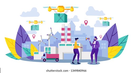 Effective Enterprise Automation Cartoon Flat. Vector Illustration Technological Process Manufacturing and Delivery Products. Men on Background Modern Plant are Holding Game Manipulators.