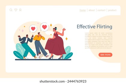 Effective flirting concept. A charming vector narrative of courtship with playful body language and expressive characters. The art of attraction illustrated. Vector illustration.