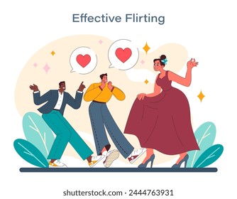 Effective flirting concept. A charming vector narrative of courtship with playful body language and expressive characters. The art of attraction illustrated. Vector illustration.