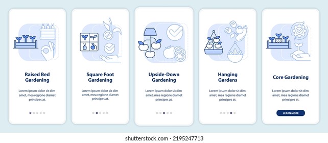 Effective gardening light blue onboarding mobile app screen. Planting walkthrough 5 steps editable graphic instructions with linear concepts. UI, UX, GUI template. Myriad Pro-Bold, Regular fonts used