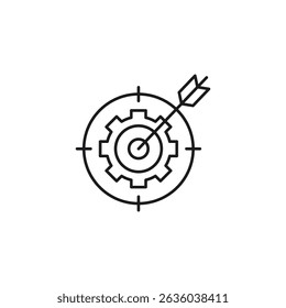 Effective gear icon on target with arrow hitting bullseye. Suitable for achievement, success, goal setting, motivation concepts in designs.