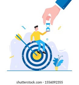 Effective goal achievement time management business concept. Man sitting on the target symbol with arrow and holding hourglass. Business people character for web banners isolated on white background.