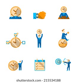 Effective goals achieving  time management to do list with watch clock  flat icons set isolated vector illustration