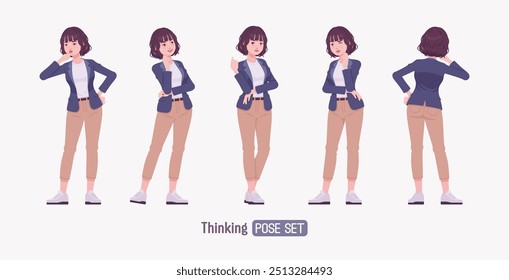 Mujer joven de negocios efectiva y atractiva que piensa cómo posar. Tutor femenino, gerente de la muchacha amistosa, ayudante de la vendedora, empleador milenario en ropa formal, líder corporativo. Ilustración vectorial