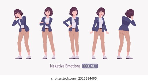 Eficaz mujer de negocios de buen aspecto joven infeliz triste pose set. Tutor femenino, gerente de la muchacha amistosa, ayudante de la vendedora, empleador milenario en ropa formal, líder corporativo. Ilustración vectorial