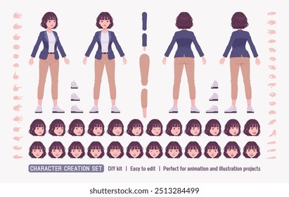 Effective good looking business young woman, attractive girl DIY character creation set. Female body figure parts. Head, leg, hand gestures, different emotions, construction kit. Vector illustration