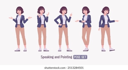 Efectivo buen aspecto de negocios de la mujer joven hablante explicar pose set. Tutor femenino, gerente de la muchacha amistosa, ayudante de la vendedora, empleador milenario en ropa formal, líder corporativo. Ilustración vectorial