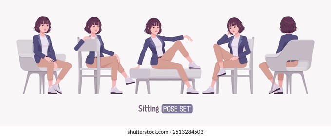 Efectivo buen aspecto de negocios joven mujer sentada pose set. Tutor femenino, gerente de la muchacha amistosa, ayudante de la vendedora, empleador milenario en ropa formal, líder corporativo. Ilustración vectorial