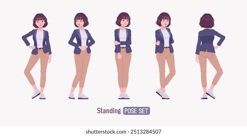 Eficaz mujer joven de negocios atractiva que espera conjunto de pose. Tutor femenino, gerente de la muchacha amistosa, ayudante de la vendedora, empleador milenario en ropa formal, líder corporativo. Ilustración vectorial