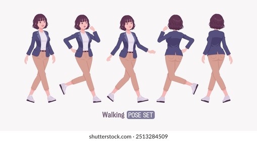 Mujer joven de negocios efectiva y atractiva que camina, va conjunto de pose. Tutor femenino, gerente de la muchacha amistosa, ayudante de la vendedora, empleador milenario en ropa formal, líder corporativo. Ilustración vectorial