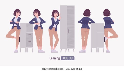 Eficaz y atractiva mujer de negocios joven de pie conjunto de pose magra. Tutor femenino, gerente de la muchacha amistosa, ayudante de la vendedora, empleador milenario en ropa formal, líder corporativo. Ilustración vectorial