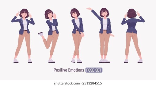 Efectivo buen aspecto de negocios joven mujer feliz divertida pose set. Tutor femenino, gerente de la muchacha amistosa, ayudante de la vendedora, empleador milenario en ropa formal, líder corporativo. Ilustración vectorial