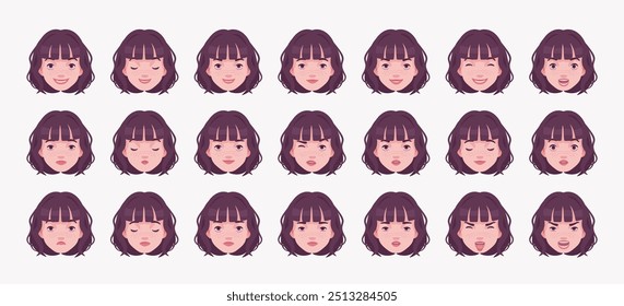 Effective good looking short bob haircut pale woman, attractive female emotion set, cute girl bundle portrait. Face icons, positive, negative facial expression feature pic. Vector illustration circles