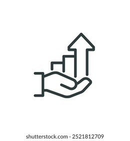 Effectieve groei, bieden een groeistrategie, verhogen van de productiviteit outline icoon. Lijnteken grafiek en pijl omhoog bij de hand. Vector geïsoleerde pictogrammen voor web op witte achtergrond bewerkbare lijn.