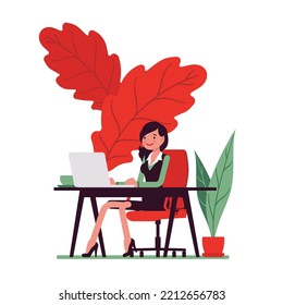Effective and happy businesswoman in comfortable office space, calm management, non toxic co-worker, positive administrative profession, business zen. Vector creative vibrant botanical illustration