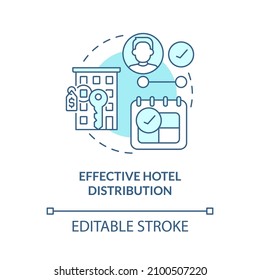 Effective hotel distribution turquoise concept icon. Property management abstract idea thin line illustration. Isolated outline drawing. Editable stroke. Roboto-Medium, Myriad Pro-Bold fonts used