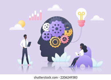 Effective idea development, mind growth and learning experience vector illustration. Tiny people engineering cog machine in human head with gears in brain, self education and research process