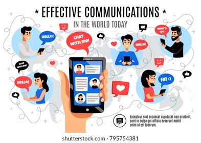 Effective interactive communication with modern mobile electronic devices flat composition chat symbols on world map background vector illustration 