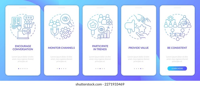 Effektive Beteiligung blauer Farbverlauf-Onboarding Mobile App Screen. In den sozialen Medien durchlaufen Sie 5 Schritte grafische Anleitungen mit linearen Konzepten. UI, UX, GUI-Vorlage. Myriad Pro-kühne, Standardschriftarten verwendet