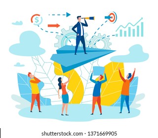 Effective Leader Team Metaphor Vector Illustration. Men and Women Look Head Standing on Paper Airplane. Person Considers Important Degree Satisfaction with his Professional Choice and Work.