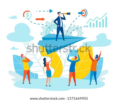Effective Leader Team Metaphor Vector Illustration. Men and Women Look Head Standing on Paper Airplane. Person Considers Important Degree Satisfaction with his Professional Choice and Work.