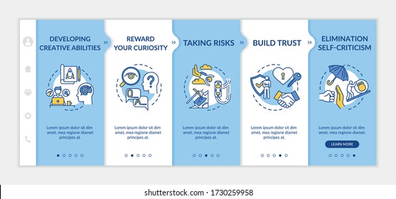 Effective leadership onboarding vector template. Build trust. Take risk. Personal growth and development. Responsive mobile website with icons. Webpage walkthrough step screens. RGB color concept