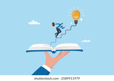 Effective learning new knowledge lead to success, wisdom or idea creativity, literature or inspiration, opportunity advice concept, young man running on opening book with stair up to lightbulb idea.