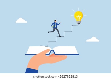 Effective learning new knowledge lead to success, young man running on opening book with stair up to lightbulb idea.