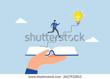 Effective learning new knowledge lead to success, young man running on opening book with stair up to lightbulb idea.