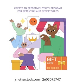 Effective loyalty program creation key for customer retention and repeat sales. Engaging visuals portray incentives like gift cards and messaging essentials for modern marketing success. Vector