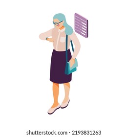 Effective management business schedule concept with woman looking at watch 3d isometric vector illustration
