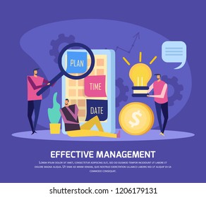 Effective management concept flat background composition with editable text and conceptual images of calendar and people vector illustration