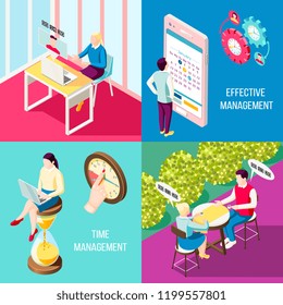 Effective management concept isometric 2x2 design concept with clock and gear pictograms human characters and text vector illustration