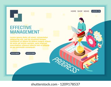Effective management concept isometric landing page with editable text clickable buttons pictogram icons and conceptual images vector illustration