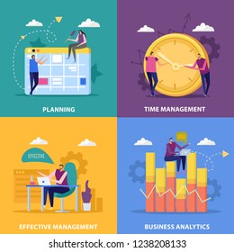 Effective management flat 2x2 design concept with images of calendar clock and graph symbols with people vector illustration