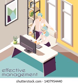 Effective management isometric background with indoor view of room with two human characters furniture and text vector illustration