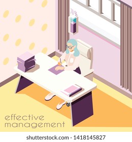 Effective management isometric background with text and view of room interior with woman working at table vector illustration