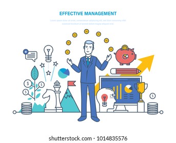 Effective management, organization of time and task management, business strategy, process control, result of activity, work process control, growth business and career. Illustration thin line design