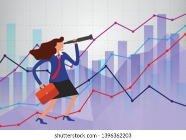 effective manager looks into telescope into distance trying to predict future. businesswoman on background of different schedules. Female business vision concept.