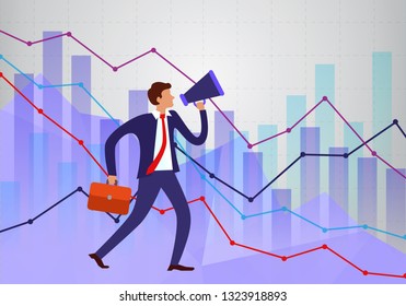 effective manager shouting into megaphone. businessman on background of different schedules. Business vision concept.