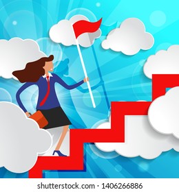 Effective manager is walking up the stairs with red flag and briefcase among white paper clouds on beautiful spring green sunny rays light background