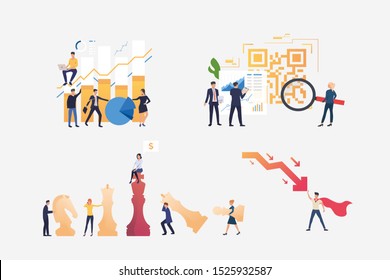 Effective managers illustration set. People constructing chart, analyzing report, stopping crisis, playing chess. Business concept. Vector illustration for banners, layouts, website design