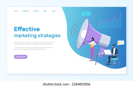 Effective marketing strategies, Internet promotion vector. Man work on laptop and woman near loudspeaker, graphic of growth and chat clouds. Website or webpage template, landing page in flat style