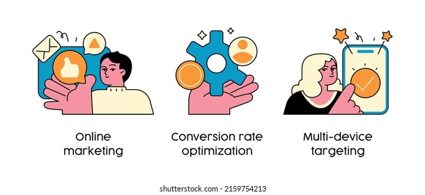 Effective marketing strategies - set of business concept illustrations. Online marketing, conversion rate optimization, Multi-device targeting. Visual stories collection.