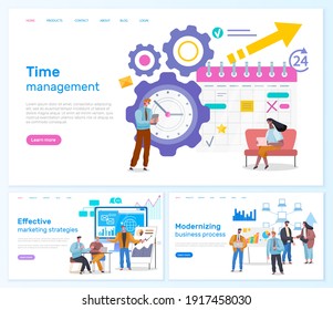 Effective marketing strategies, time management, modernizing business process web pages template. Modern business transformation, introduction of productive technologies, business strategy improvement