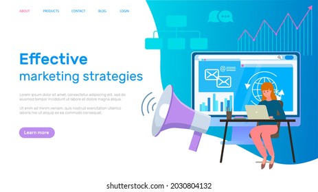 Effective marketing strategies of woman working online. Female employee is doing tasks for analyzing graph and email developing. Website for promoting, advertising goods landing page template