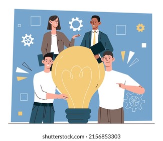 Effective methods of teamwork. Employees stand next to light bulb and come up with ideas for growth. Creative men and women develop businesses and achieve success. Cartoon flat vector illustration
